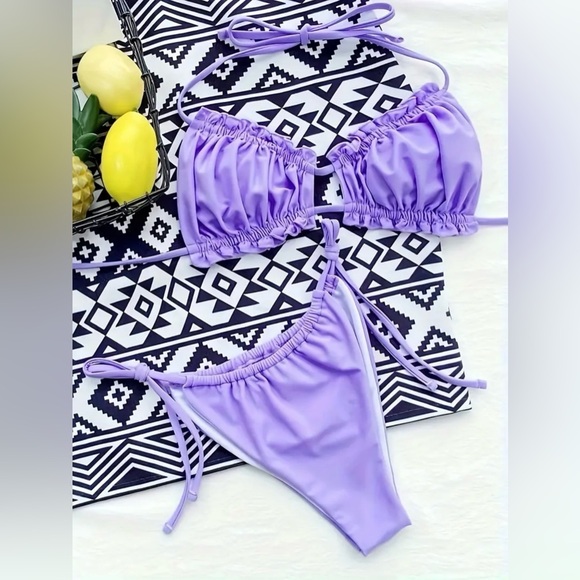 Lavender Frill Trim Ruched Bikini Set - Picture 3 of 6
